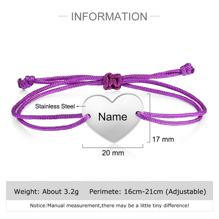 Personalized Engraving Name Couples Bracelet 3 Colors Stainless Steel Heart Adjustable Rope Bracelets for Women Custom Gifts
