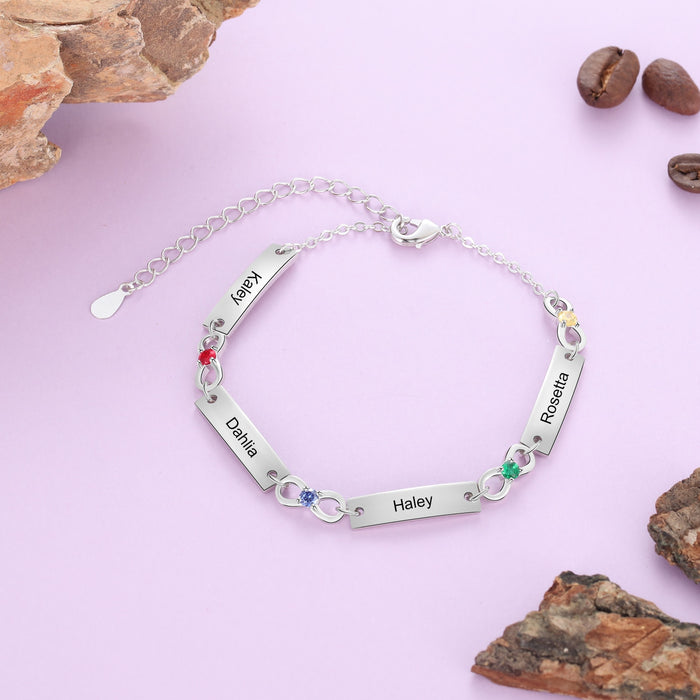 Personalized 4 Birthstones And 4 Names Engraved Infinity Bracelets