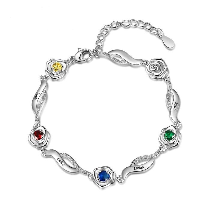 Personalized Rose Flower Bracelets with 4 Name Engraving Customized Inlaid Birthstone Bracelets & Bangles
