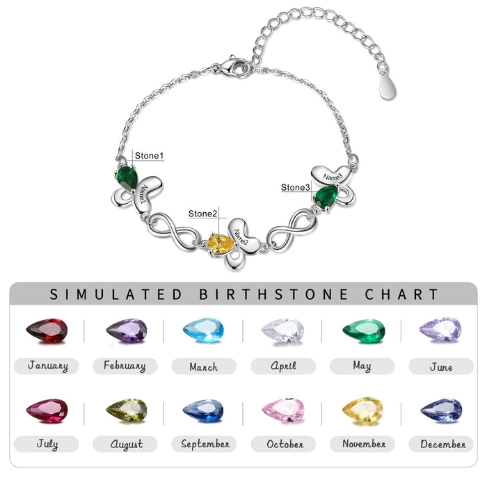 Personalized Butterfly Bracelet with Inlaid Birthstone Infinity Love Customized 3 Names Engraved Bracelets for Women