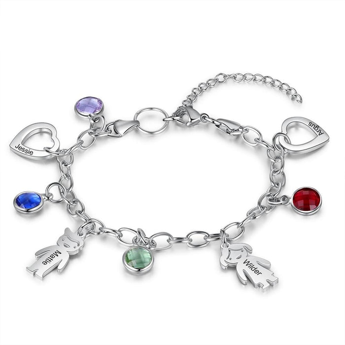 Personalized Engraved Name Boy Girl Heart Charm Bracelets for Women Custom 4 Birthstone Stainless Steel Chain Bracelet