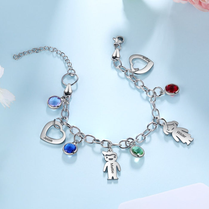 Personalized Engraved Name Boy Girl Heart Charm Bracelets for Women Custom 4 Birthstone Stainless Steel Chain Bracelet