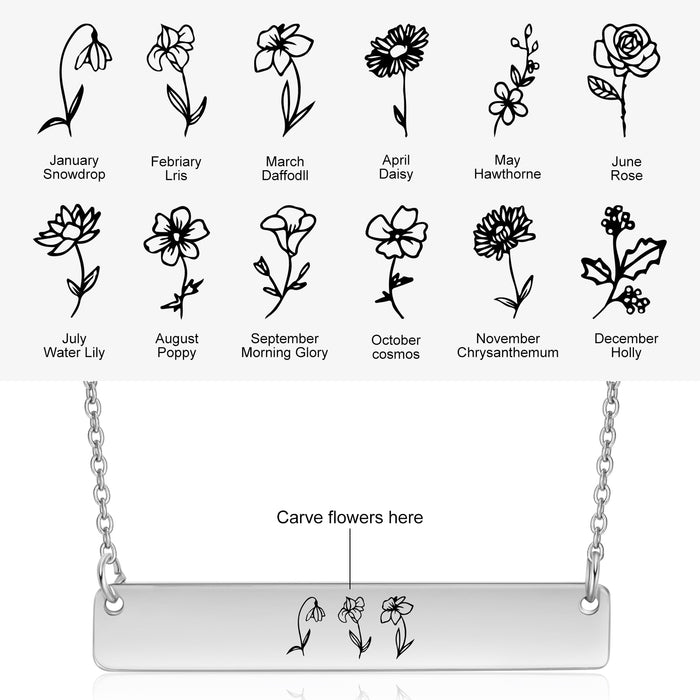 Personalized Birth Flower Engraving Bar Pendant Necklace