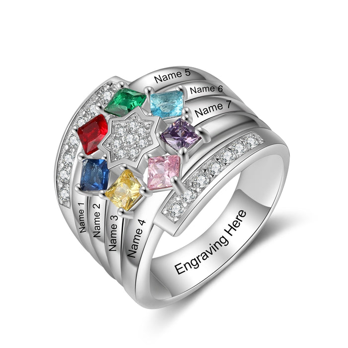 Personalized Mothers Ring with 4 Square Birthstones Zirconia Star Customized Engraving Family Name Rings for Women Gift