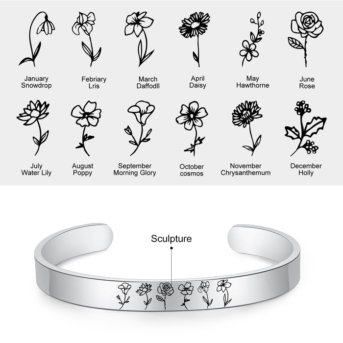 Personalized Engraved Birth Flower Cuff Bangles for Women Stainless Steel Customized Birth Month Bracelets Gifts for Girlfriend