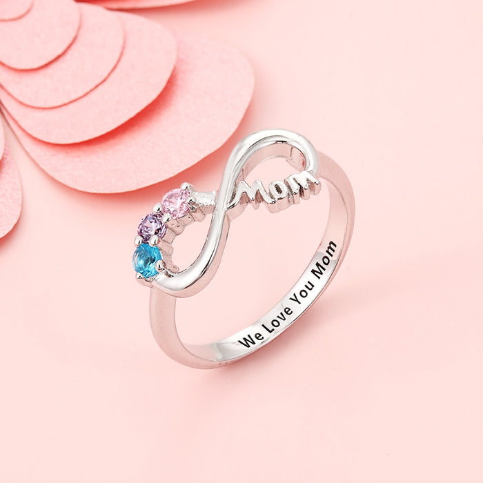 Personalized Mothers Rings with 3 Birthstones Custom Inner Engraving Infinity 925 Sterling Silver Rings for Women Mom