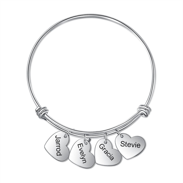Stainless Steel Personalized Heart Charm Bracelet with 4 Engraving for Women Customized Cuff Bangles Anniversary Gift