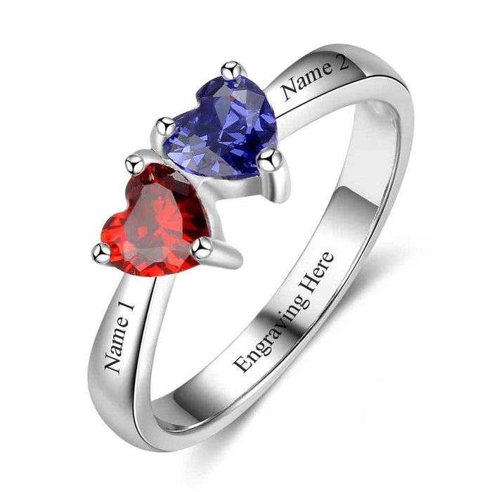 Double Heart Personalized Ring Custom Engrave Names & Birthstone Promise Rings 925 Sterling Silver Jewelry