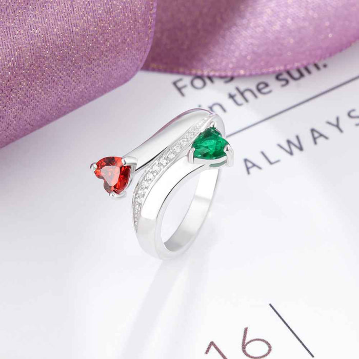 Personalized Heart Birthstone Custom Engrave 2 Names Promise Ring Love 925 Sterling Silver Anniversary Gift