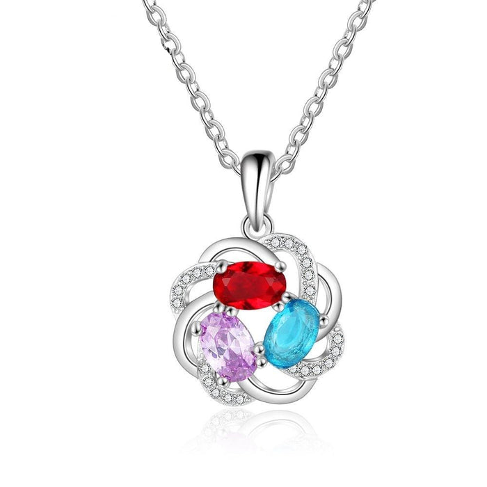 Personalized 3 Oval Birthstones Necklaces Flower Pendant