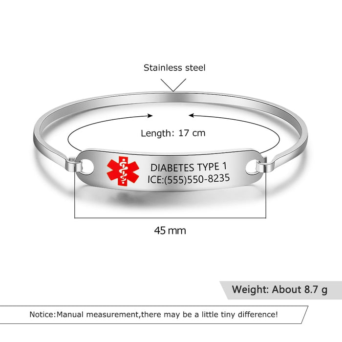 Personalized Name Medical Alert ID Bracelets for Women 2 Color Stainless Steel Engrave Emergency Bangles