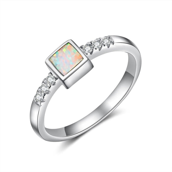 Sterling Silver Square White Fire Opal Ring