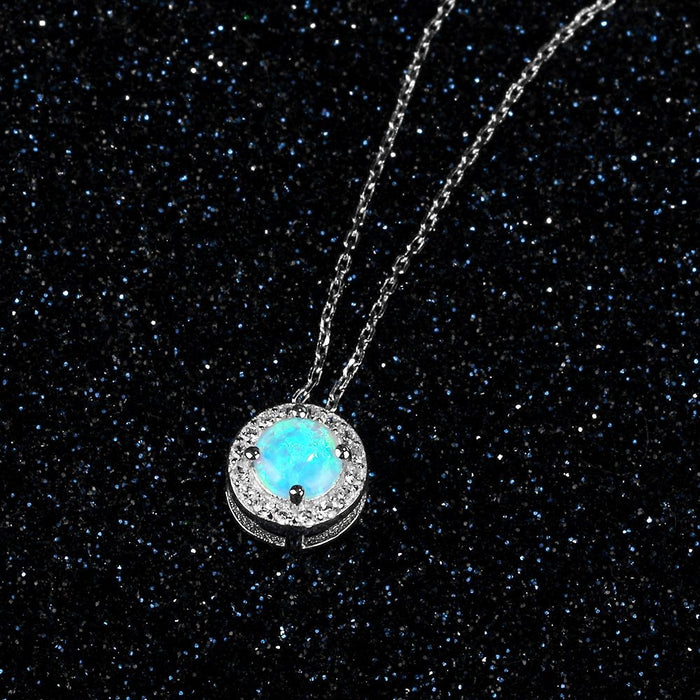 Classic Round Blue Opal Stone Pendant Necklace For Women