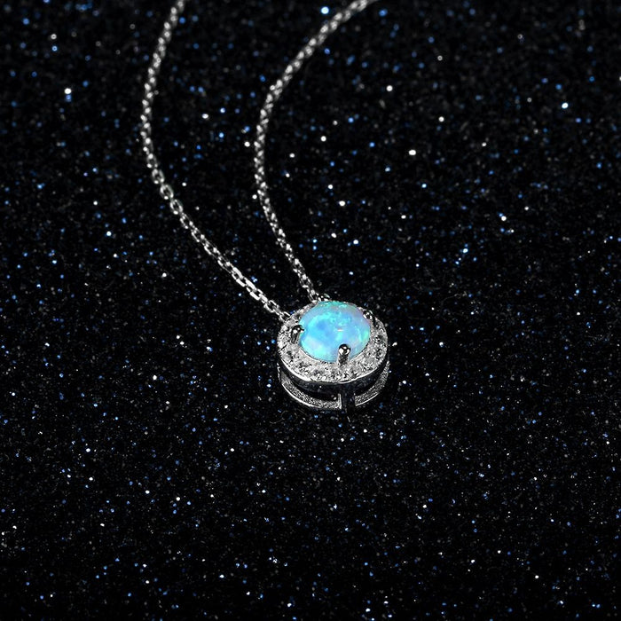 Classic Round Blue Opal Stone Pendant Necklace For Women
